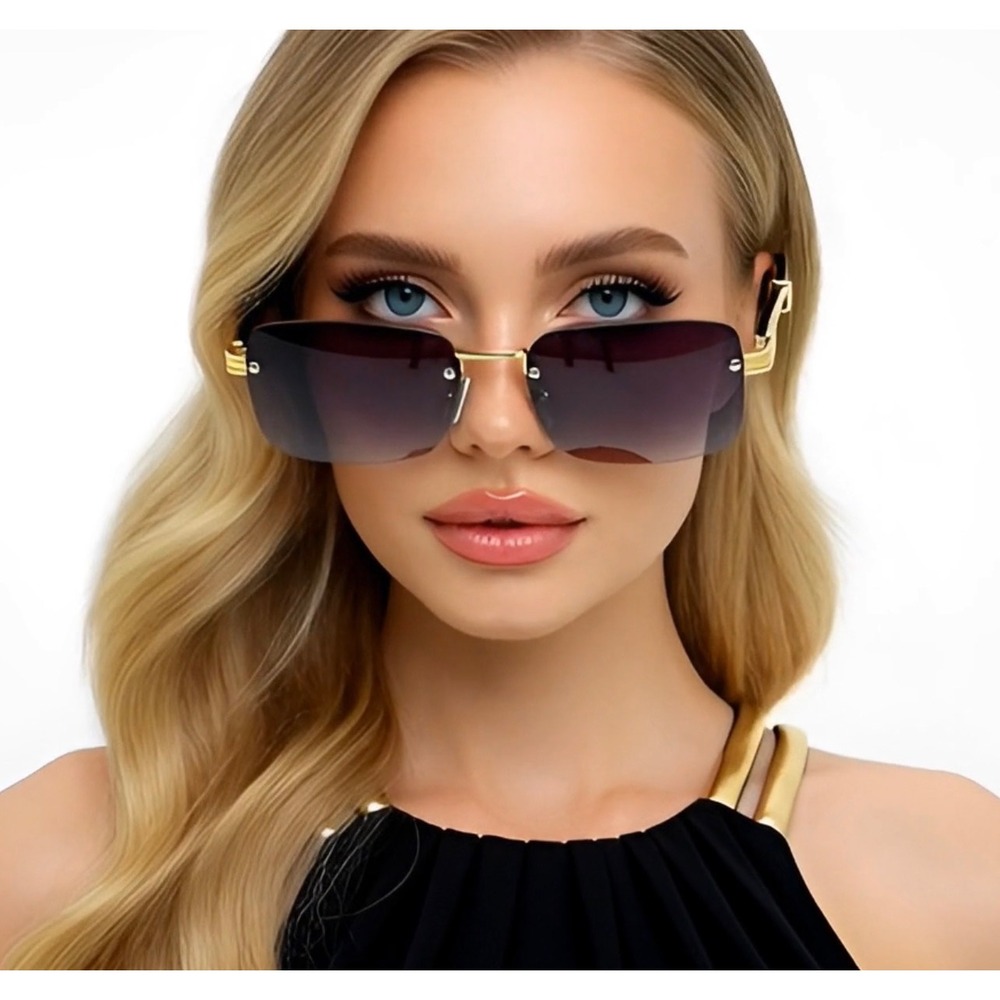 Womens Frameless Rectangle Sunglasses Gold Black Gradient Lens Y2K Retro Shades